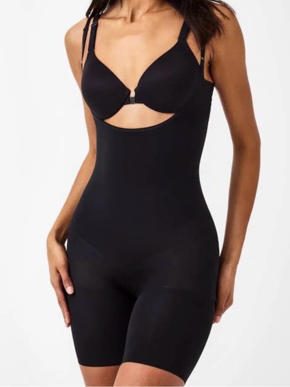 SPANX Open Bust Mid-Thigh Shapewear Bodysuit Black M ✨ Smoothing Sculpting NWT